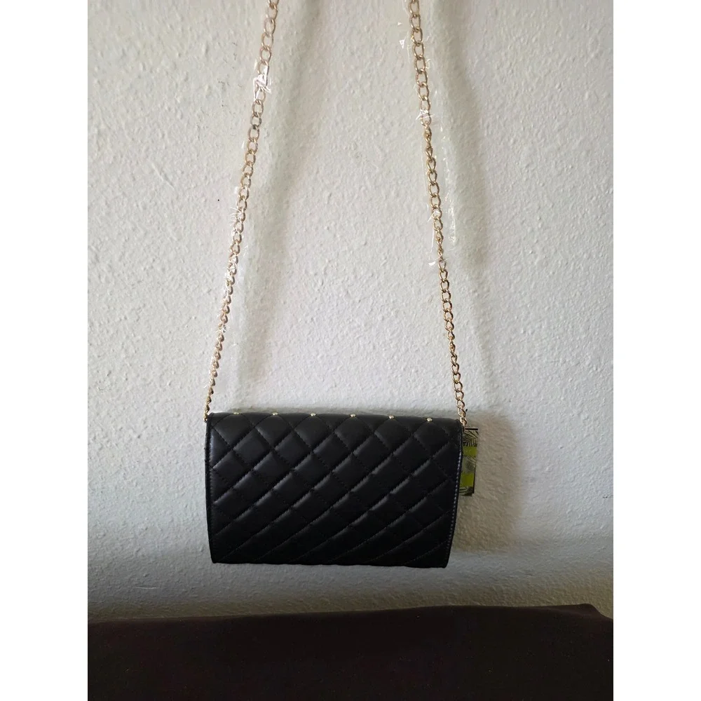 Badgley Mischka Black Quilted Studded Crossbody Bag Gold Chain BM-4191 NEW
